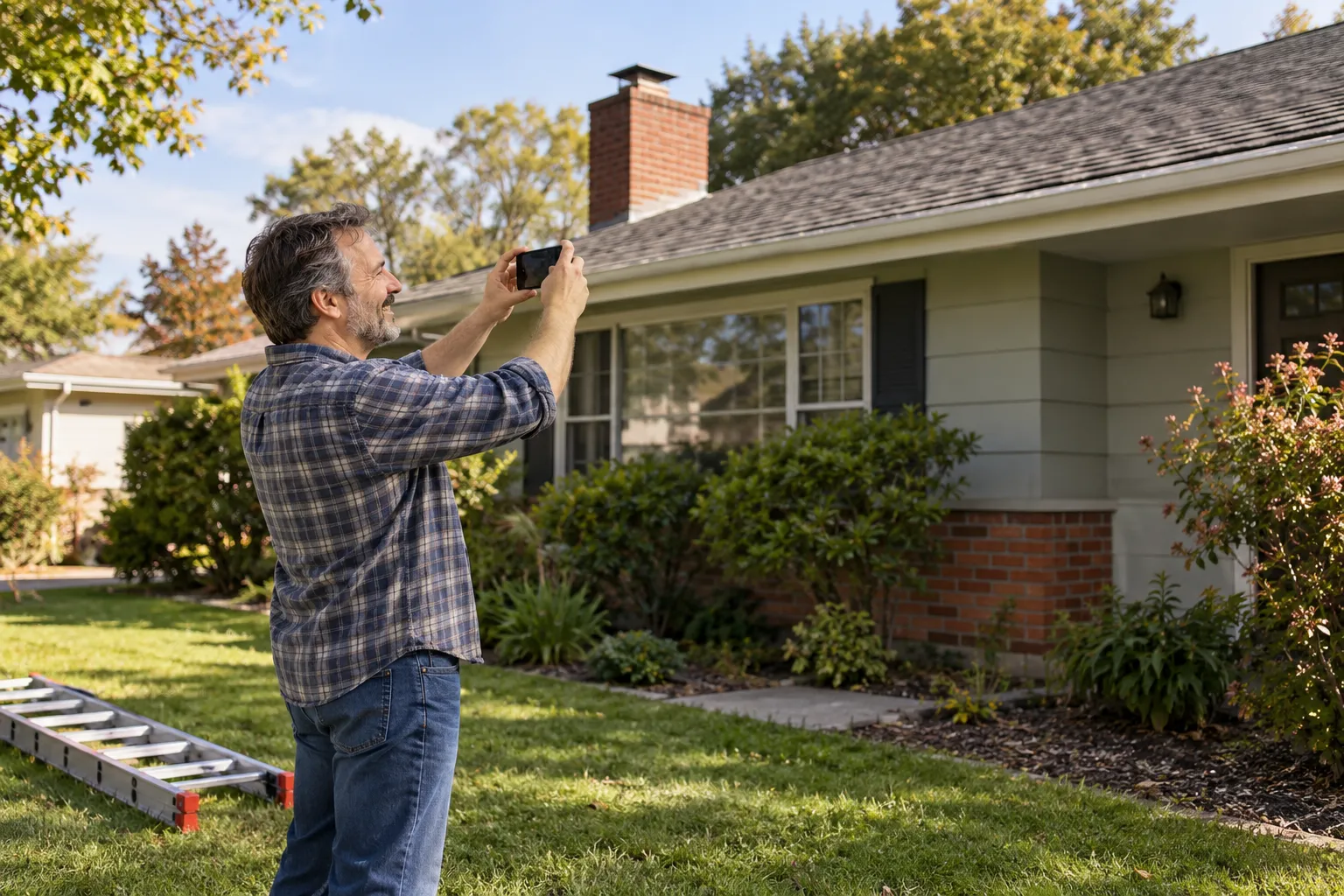 A homeowner checking a roof from the ground in the Sacramento area