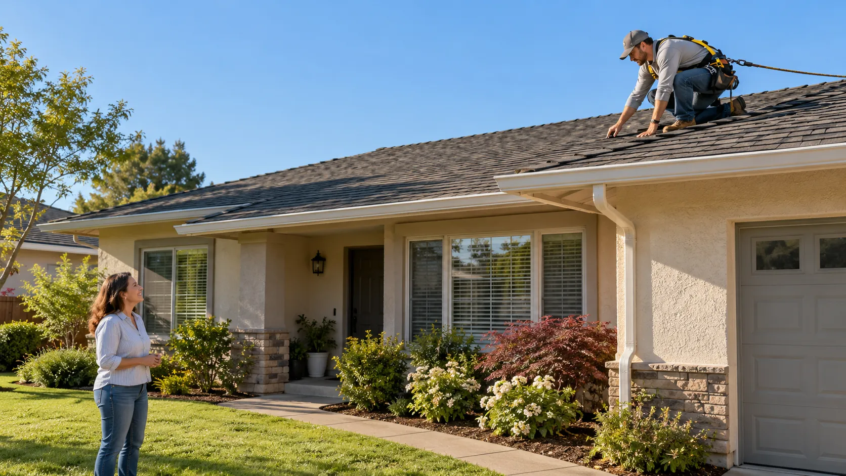 Roofing provider inspecting a shingle roof for a leak on a home in Sacramento