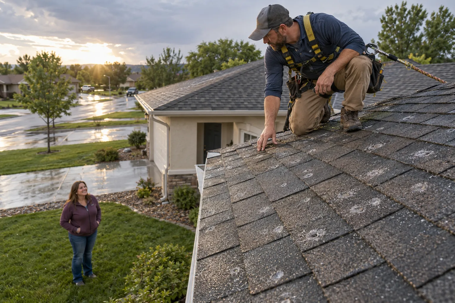 Local roofing provider inspecting storm-damaged shingles on a stucco home in the Sacramento area